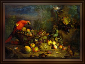 Parrots and Fruit with Other Birds and a Squirrel by Tobias Stranover
